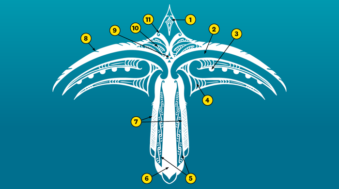 A graphic illustration of Haumanu, a bird-like design with numbers associated with each of the 11 design elements.