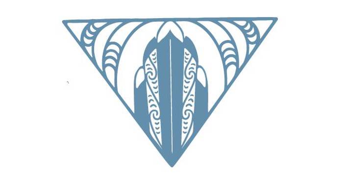 A blue coloured graphic symbol featuring huia feathers.