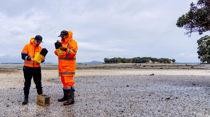 Two men in high-visibility rain wear stand on the beach holding pest animal traps.